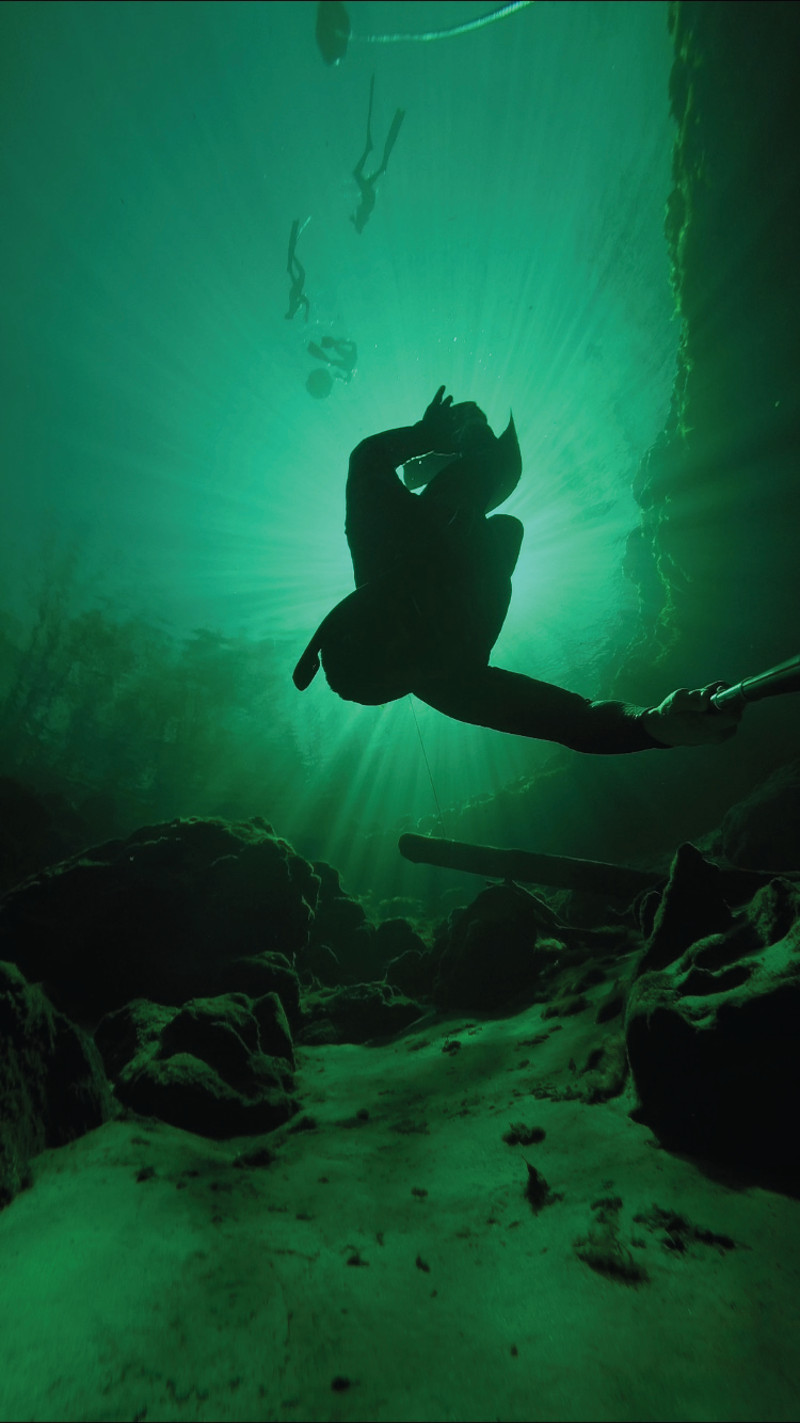 a person dives deep underneath the surface of green water