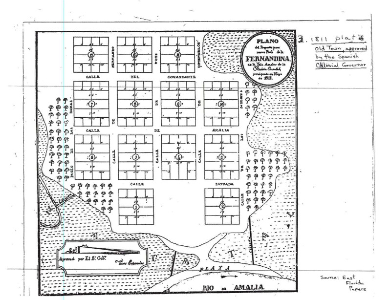 Hand-drawn plans of the former fort san carlos and the town of fernandina. visible are multiple fort buildings, the plaza, and the river.