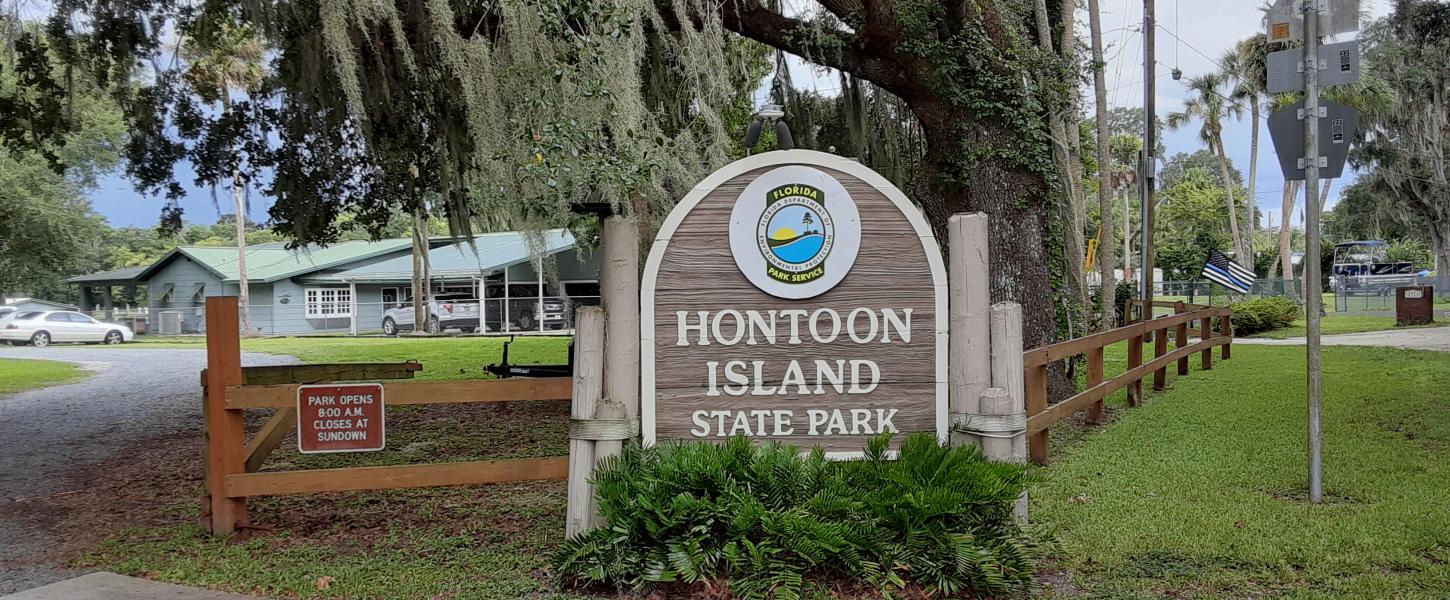 Welcome to Hontoon Island State Park. Pictured here is the park entrance sign.