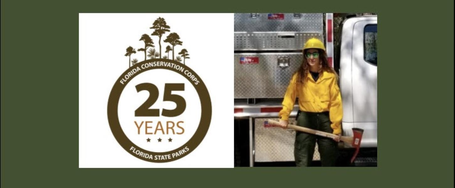 FLCC anniversary logo, Jessica Bickell holding an axe and prepared to help with a prescribed fire.