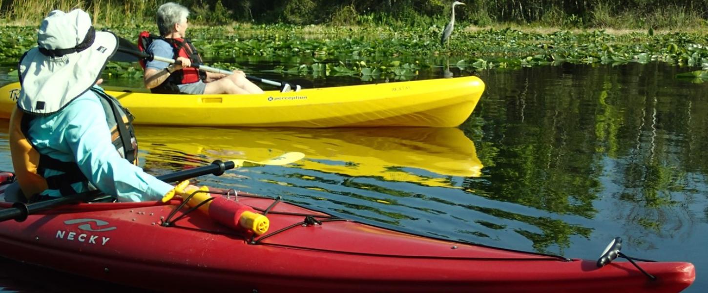 A red kayak and a yellow kayak sit on the water