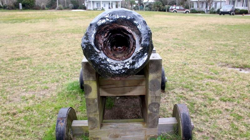 open mouth of a cannon on a grassy lot with houses behind.