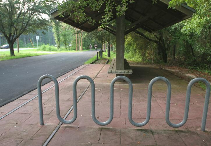 Bike rack at the trailhead for the Tallahassee-St. Marks Historic Railroad State Trail. 