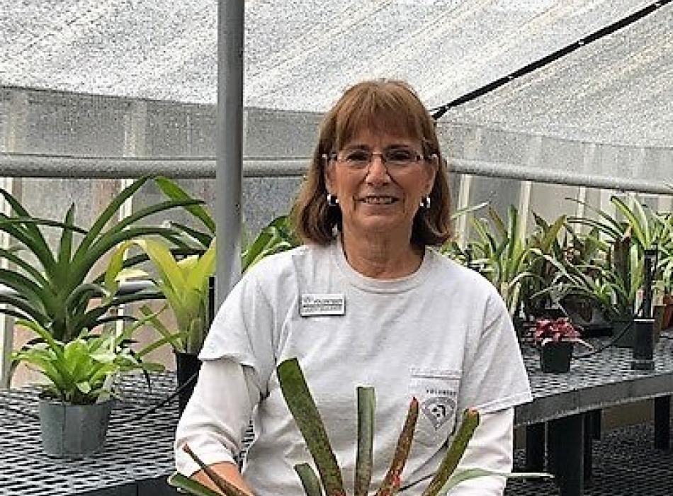 Judy Sulser holding a plant in the Greenhouse 