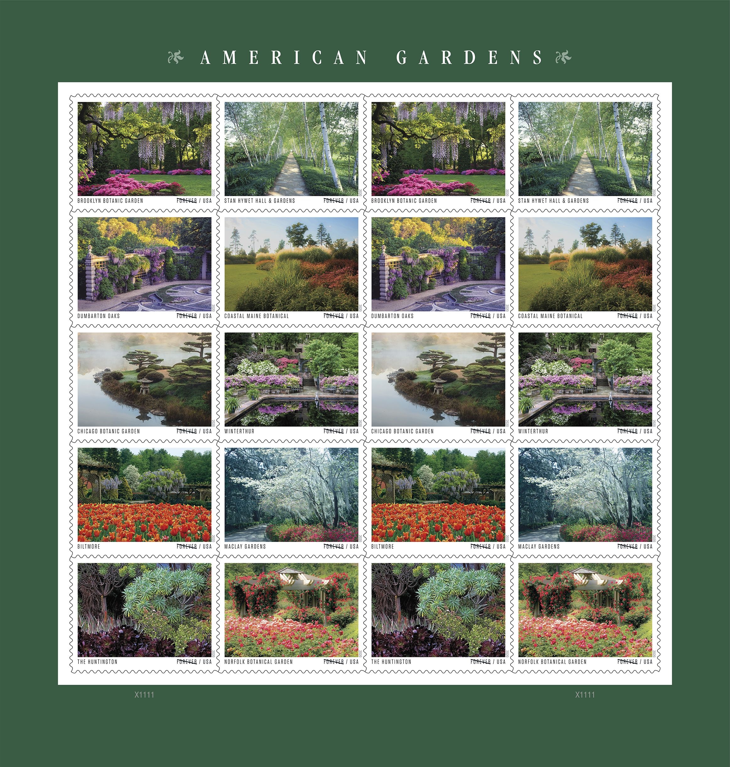 A grid showing all 20 of the new American Gardens stamps. 