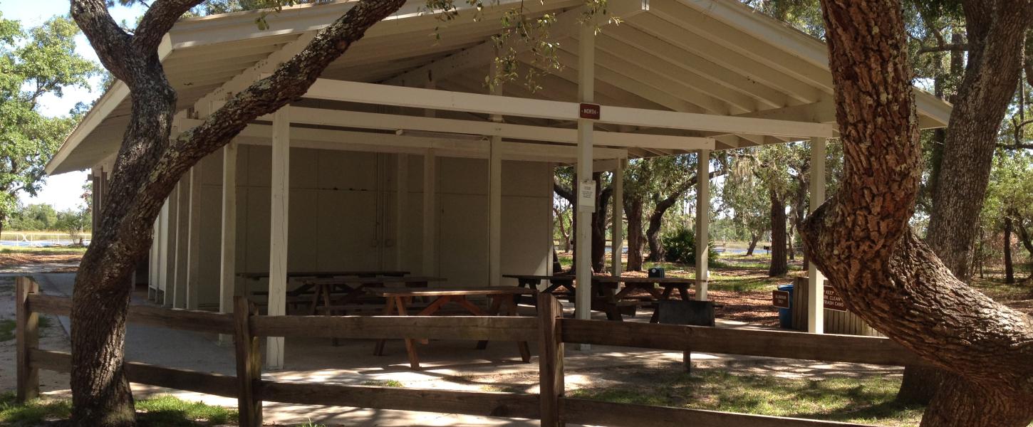 picnic pavilion with live oak trees