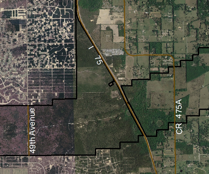 Satellite map view of the area showing the property adjacent to I-75. (Property boundary is denoted by a black line.)