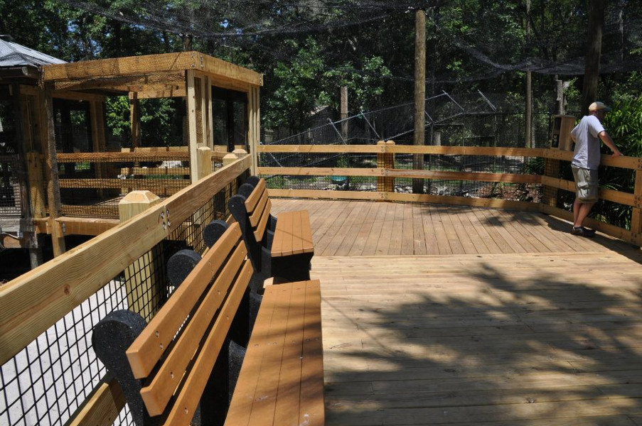 Image of the boardwalk trail with benches and exhibits at Homosassa Springs State Park
