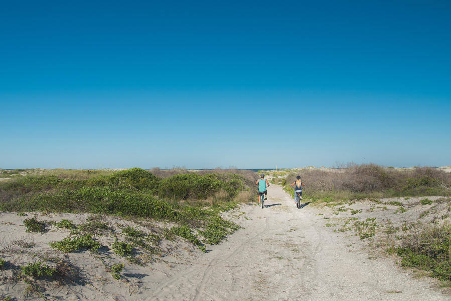 Image of two people biking the Dune Ridge Trail, surrounded by sand dunes and with a distant view of the ocean.