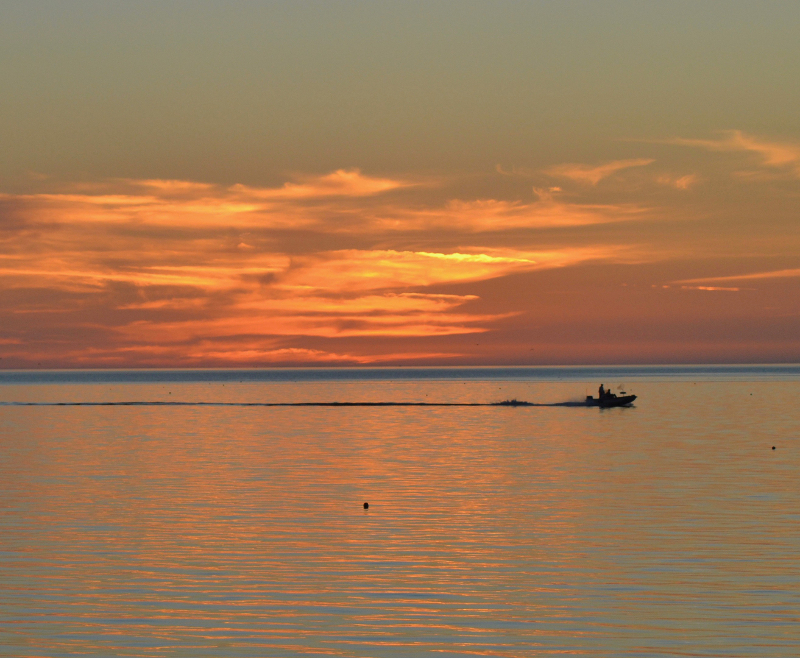 Image of a fishing boat outlined against a beautiful orange sunrise at crystal river preserve state park.