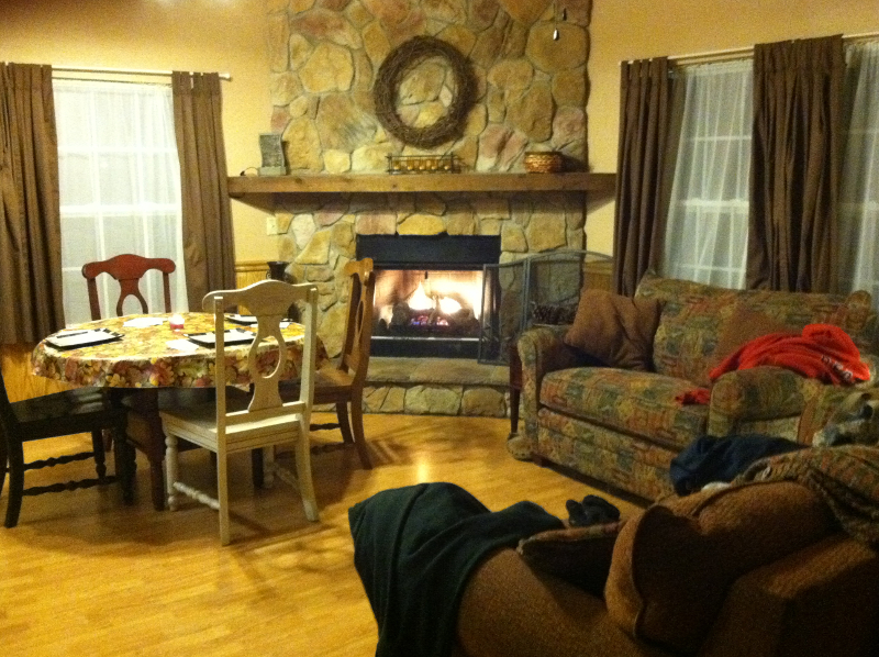Image of the interior of a rental cabin with couches, tables, and a fireplace at Suwannee River State Park.