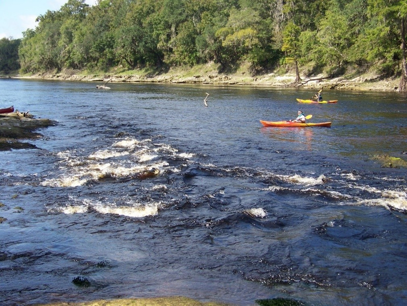 Two kayakers paddle over exposed shoals of the Suwannee River
