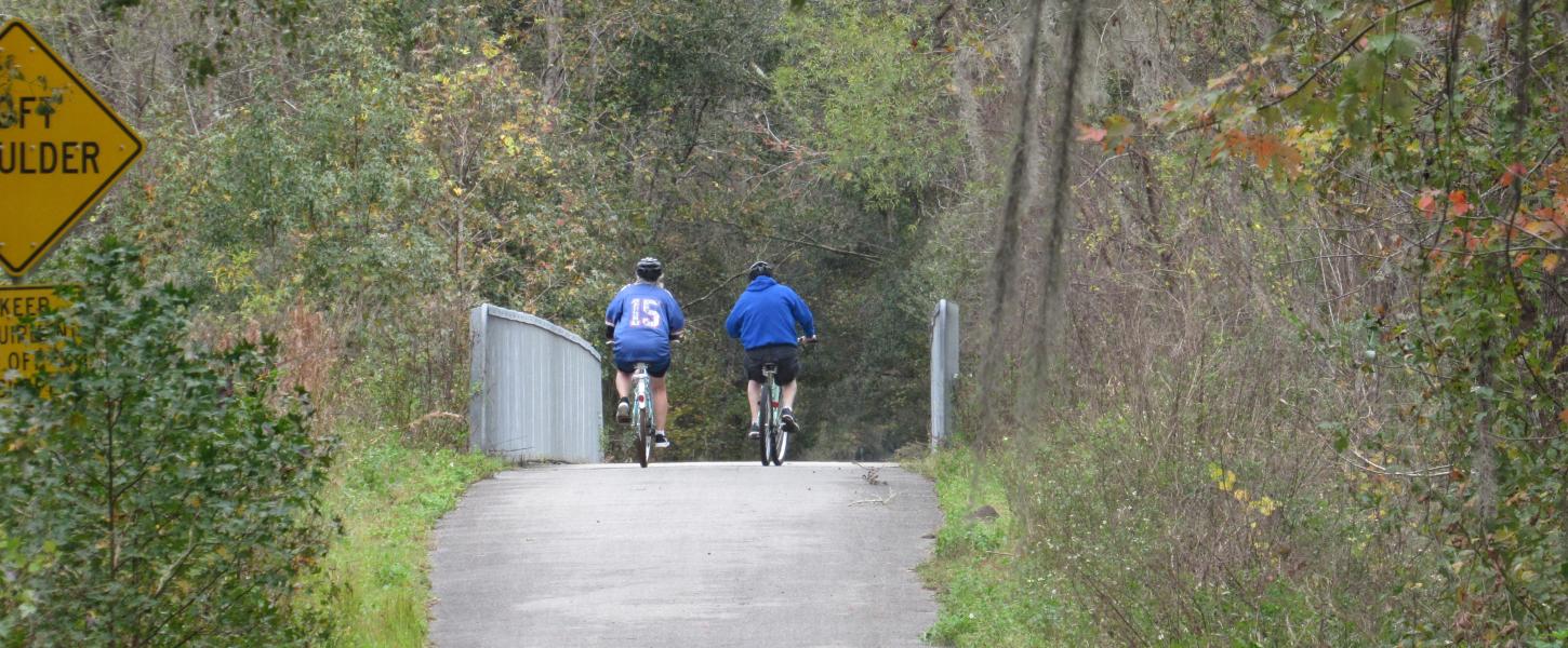 Two people on bicycles ride along a paved trail surrounded by trees. 
