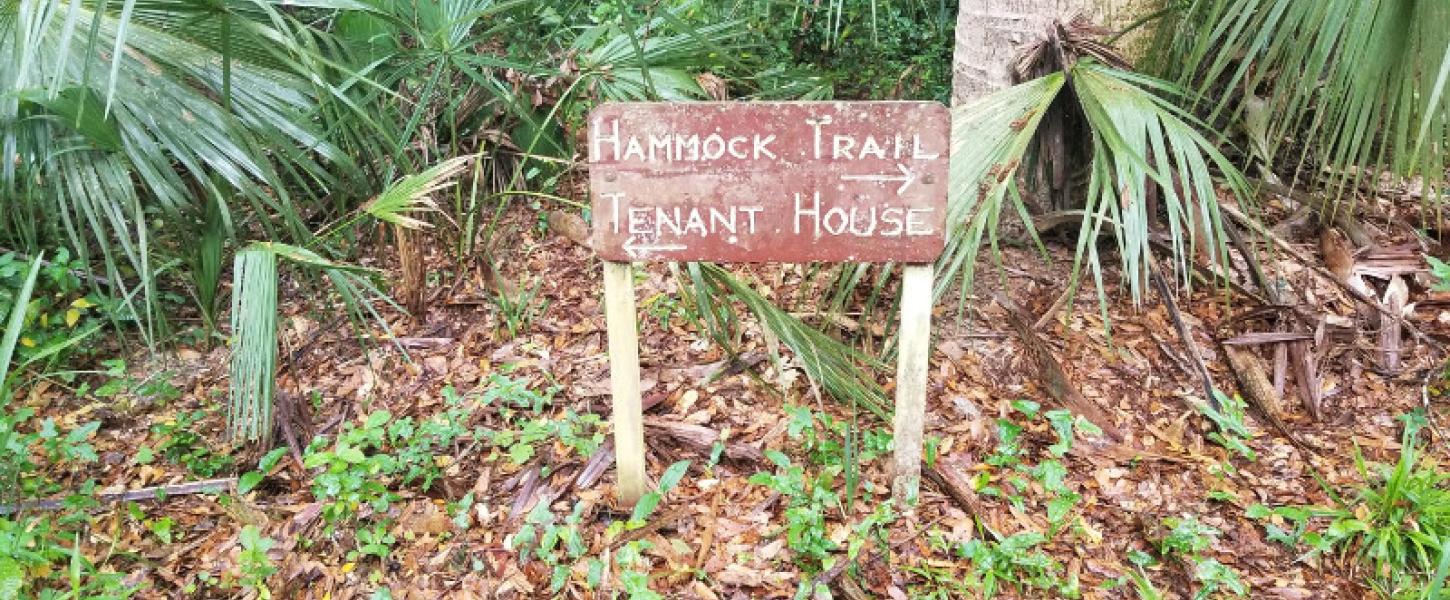 a small wooden brown sign points to the Hammock Trail and Tenant House