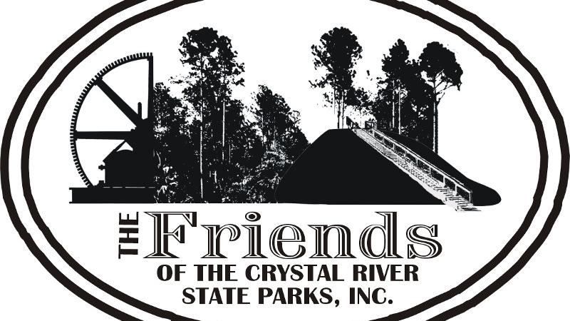 The logo of friends of crystal river state parks in black and white, depicting palm trees and an archaeological mound.
