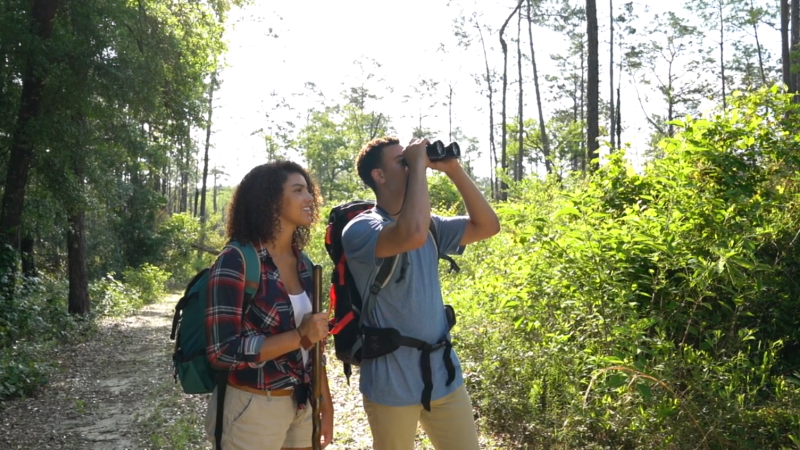 A couple in the woods, one looking through a pair of binoculars. 