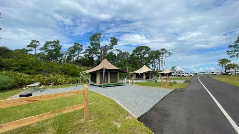 Three eco-tents face Grand Lagoon at St. Andrews State Park