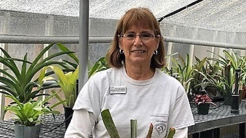 Judy smiling and holding a plant in the greenhouse 