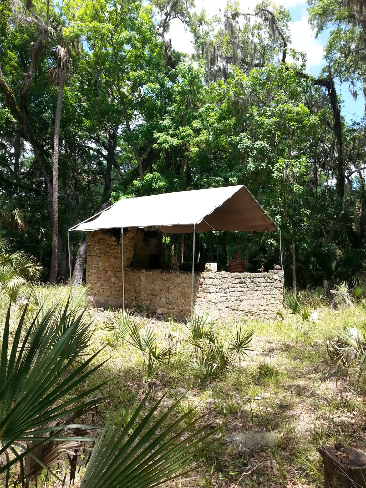Photo of Addison Blockhouse ruins with FPS tent protecting it