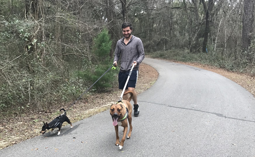 Walking the trail with two dogs on leash
