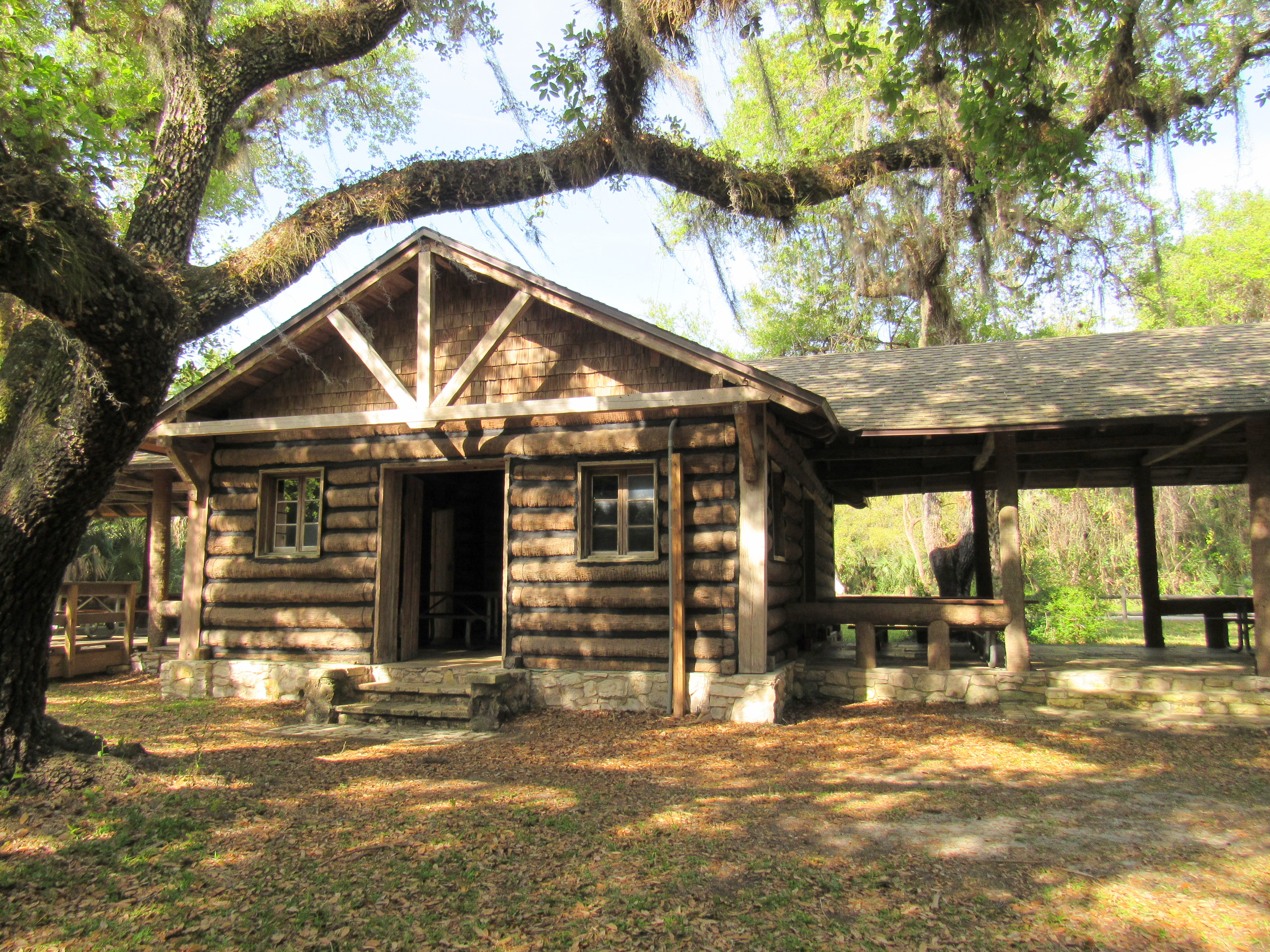The Log Pavilion in the shade of a Live Oak