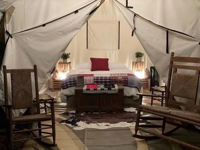 A peek inside a luxury pioneer tent at Lake Kissimmee State Park.