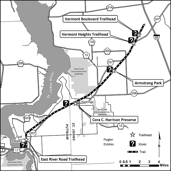Black and white map of the Palatka to St. Augustine State Trail