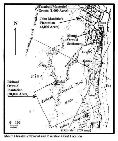 1769 map of plantations in Ormond Beach - John Moultrie's Plantation 2,000 acres near upper right corner.