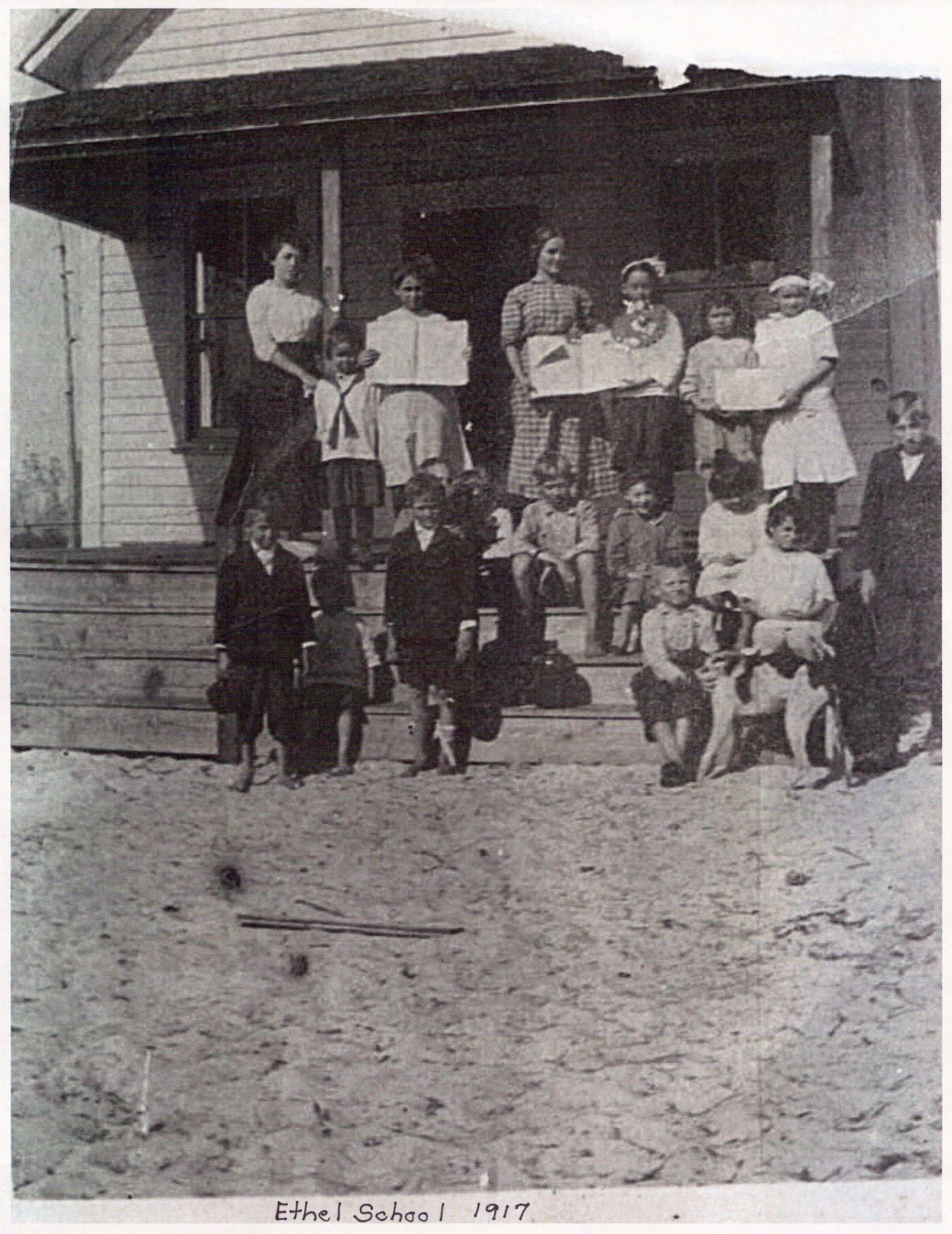 Photo of Ethel school house 1917 with students and teachers