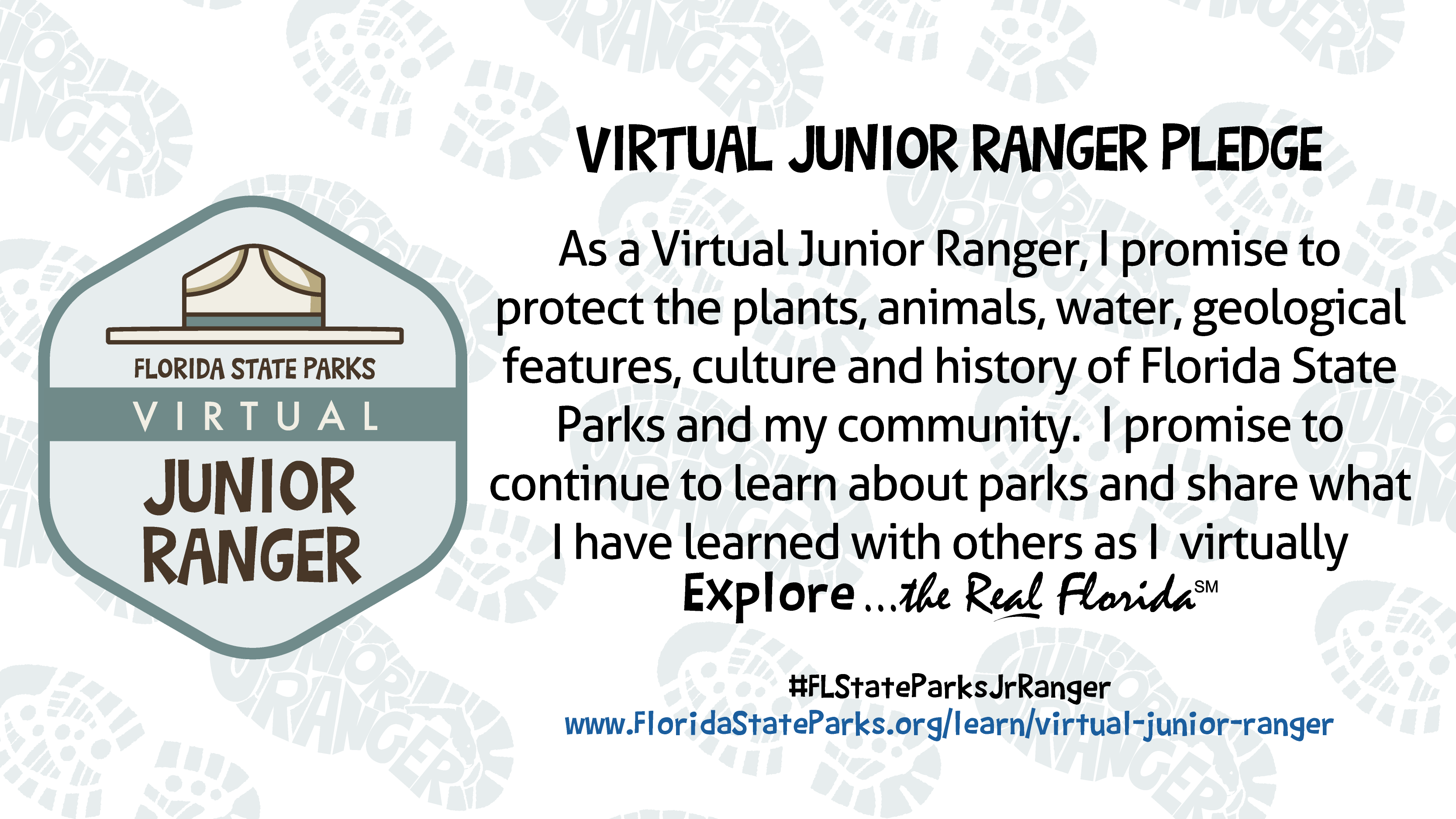 As a Virtual Junior Ranger, I promise to protect the plants, animals, water, geological features, culture and history of Florida State Parks and my community. I promise to continue to learn about parks and share what I have learned with others as I virtually explore the real Florida.