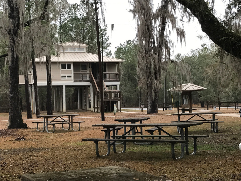  building stands on stilts high above a picnic area with trees draped in spanish moss.