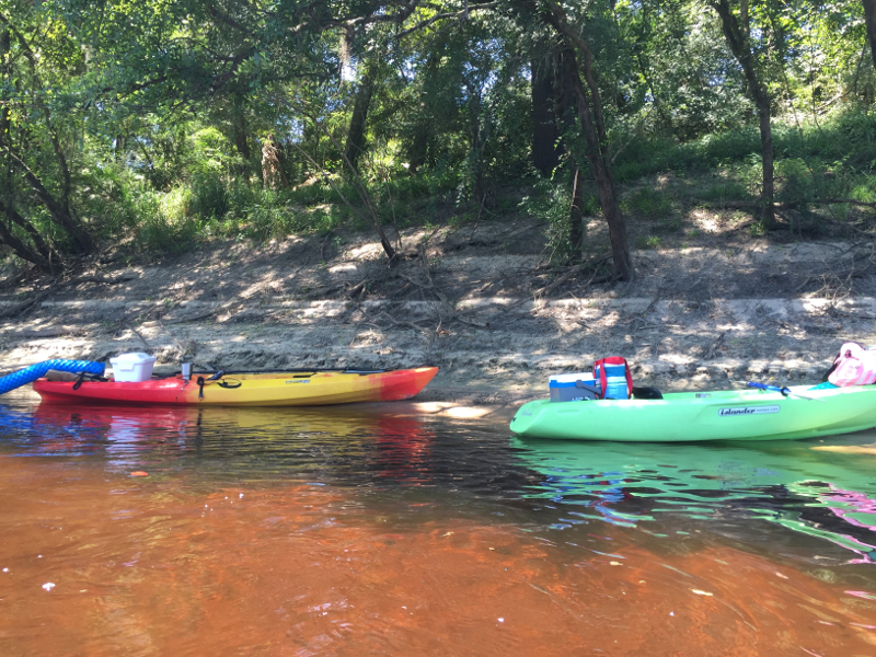 Two kayaks, one red and one green, sit on a sandy bank, shaded by trees.