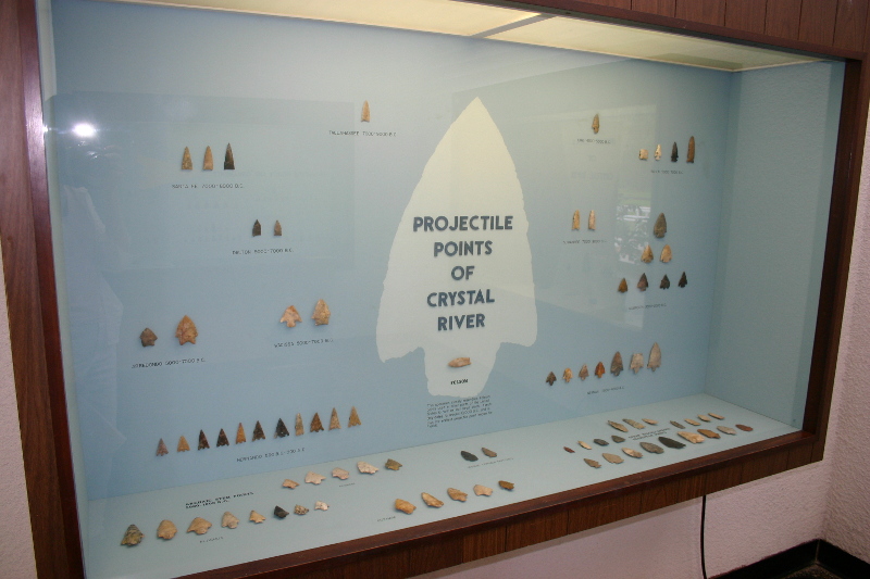 an exhibit titled "projectile points of crystal river" showcases many different arrowheads.