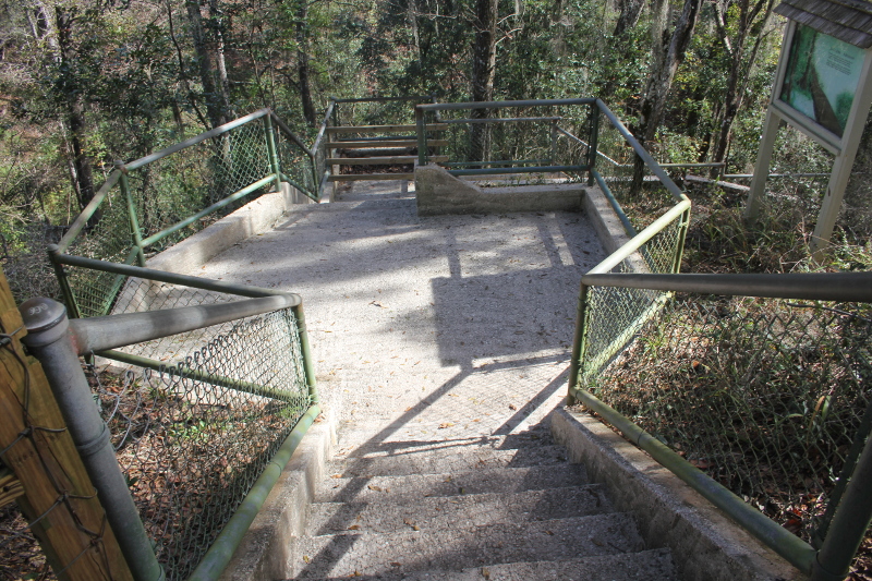 concrete stairs with a green railing go down into a ravine
