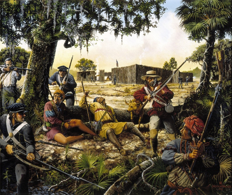 painting depicting army soldiers battling seminole warriors outside the walls of fort cooper.