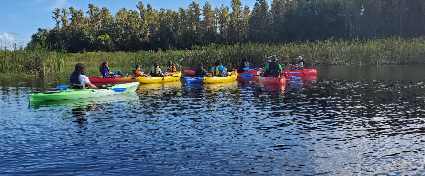 A group of people paddling colorful kayaks.