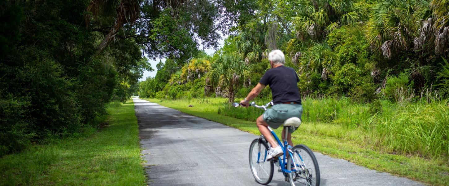 A man rides a bicycle at Felburn Park on the Marjorie Harris Carr Cross Florida Greenway.