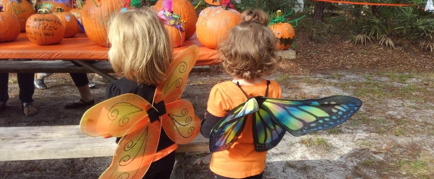 two girls in butterfly costumes at a fall event