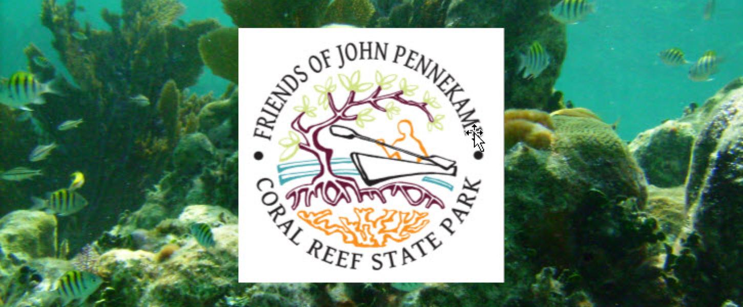 group logo with coral reef background: sea fans, fish, hard corals against the underwater background