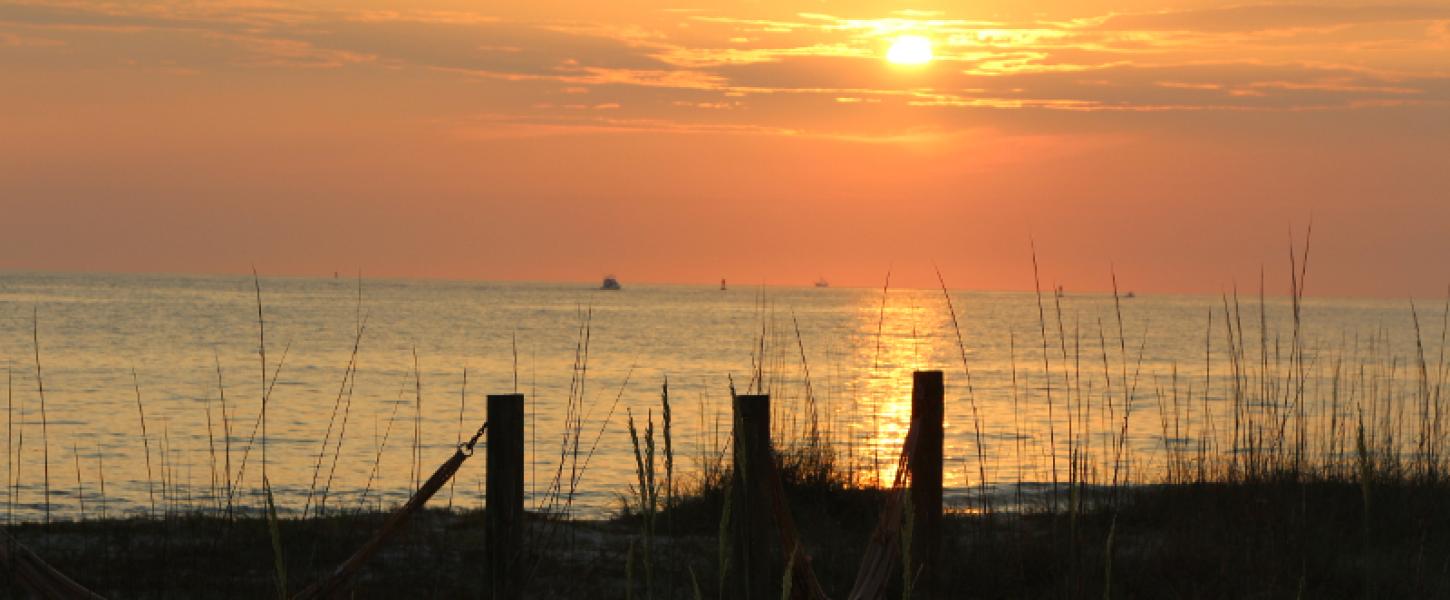 a fiery orange sun sets behind clouds against a dark shoreline of sea oats.