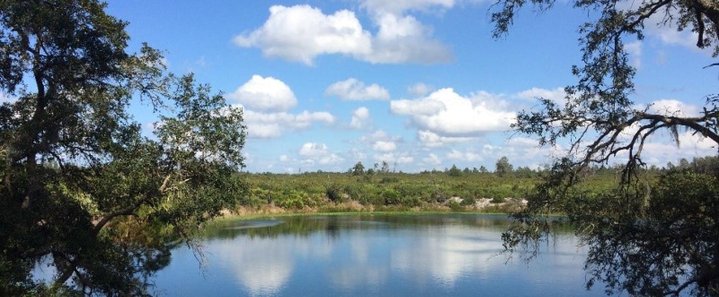 a blue lake surrounded by green trees mirrors the cloudy sky above it.