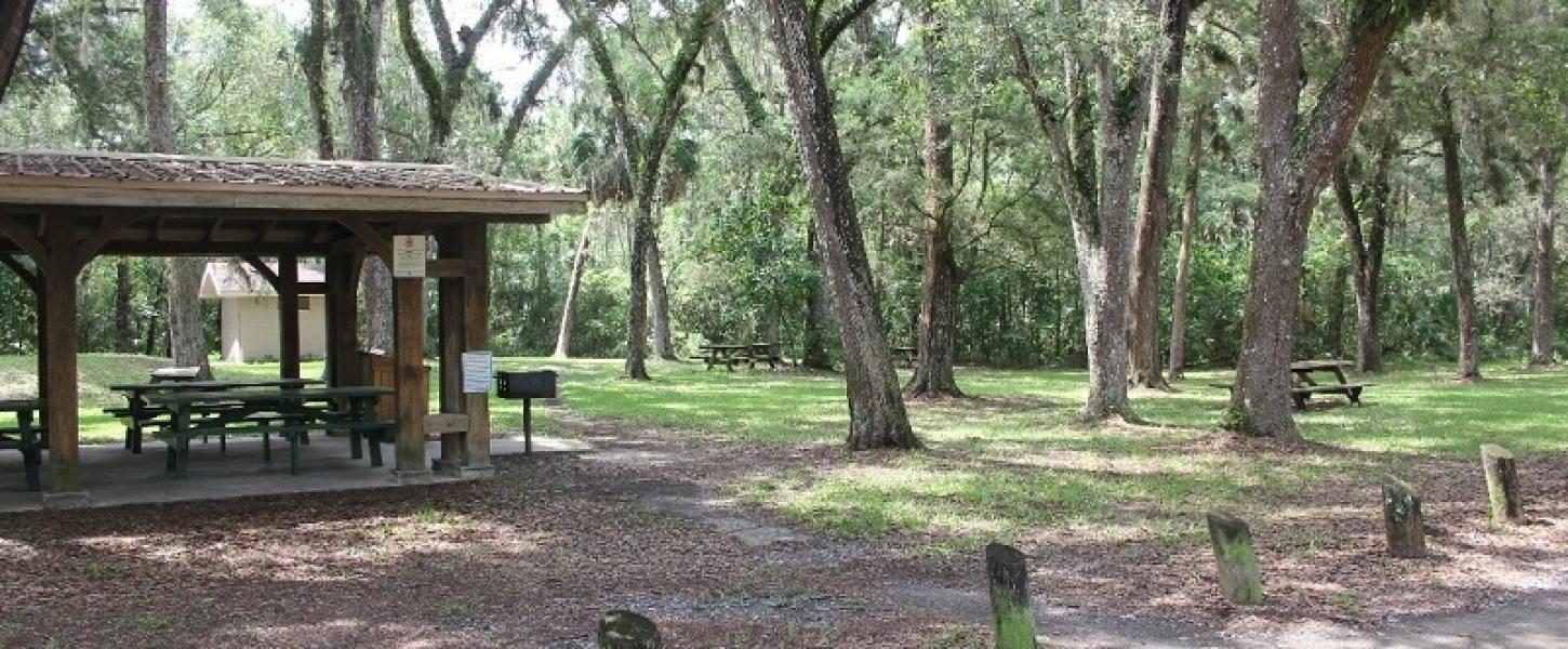 a picnic pavilion with tables sits in a lot under oak trees.