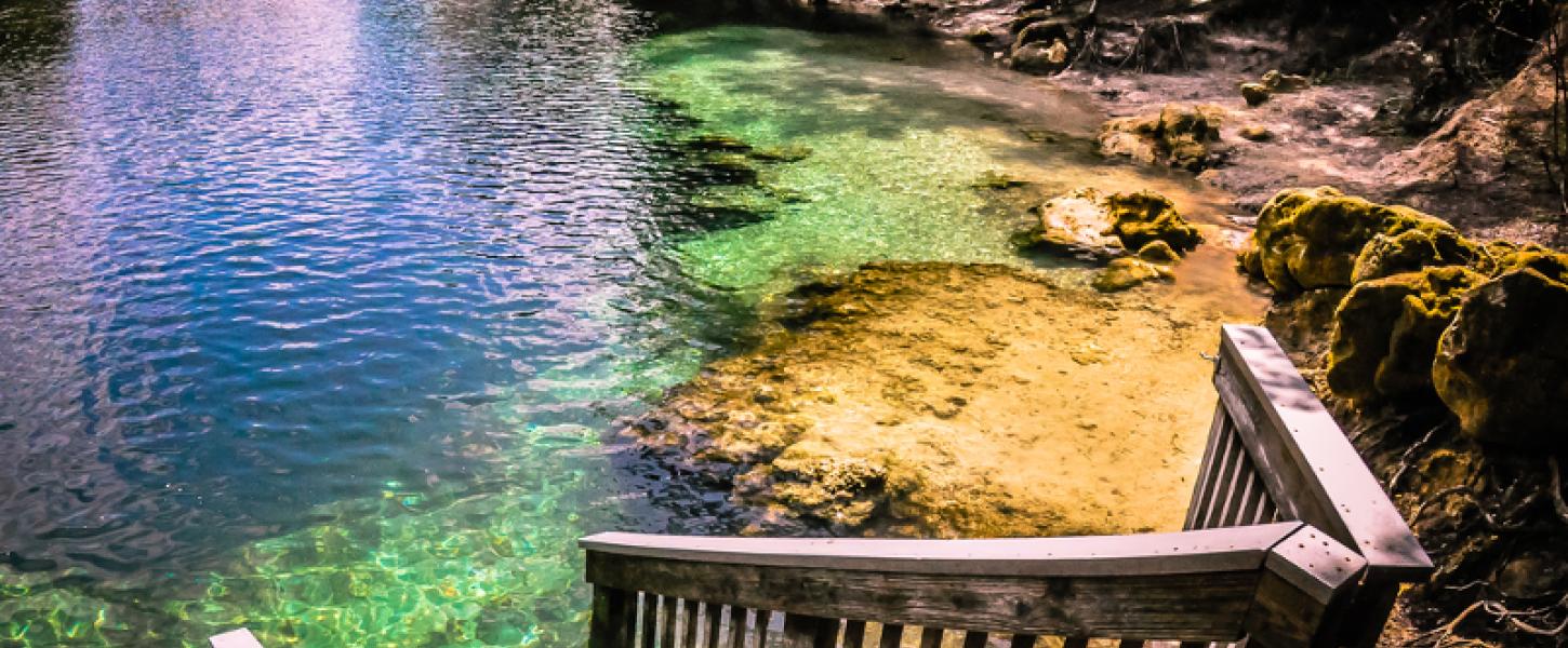 a set of stairs leads down into multi-colored water in a clear spring