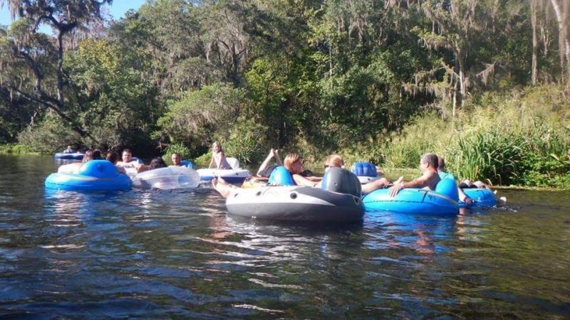 A group of people use colorful inflated tubes to float down the Ichetucknee River.
