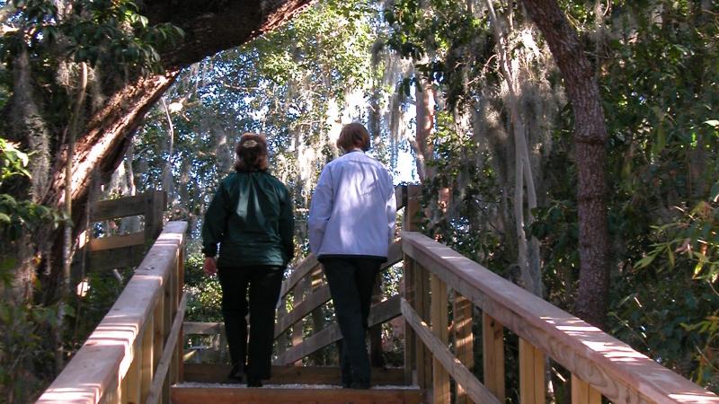 A view of two people walking up the stairs towards the mound.