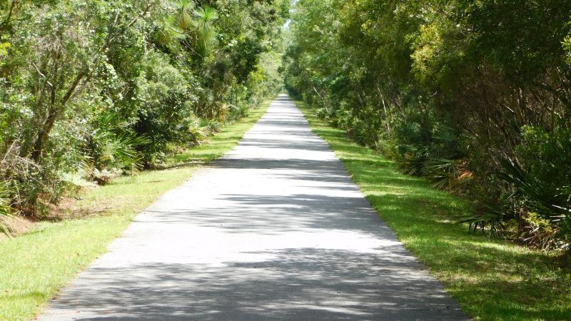 Open paved trail is bordered by lush green vegetation. 