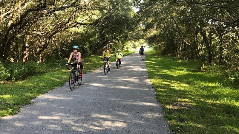 Three smiling cyclists and one walker traverse a paved path under green trees.