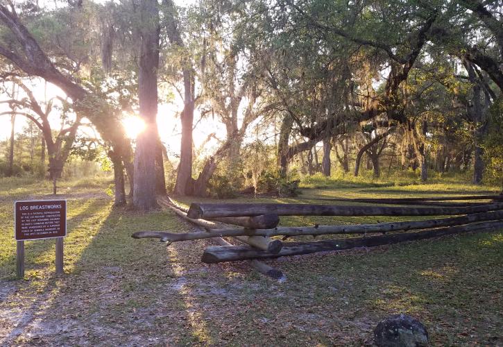 A reproduction os the log redoubt constructed by the last remaining soldiers in dade's command.