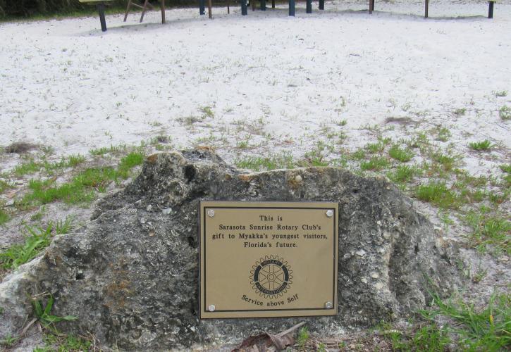 A plaque reading "This is Sarasota Sunrise Rotary Club's gift to Myakka's youngest visitors, Florida's future.