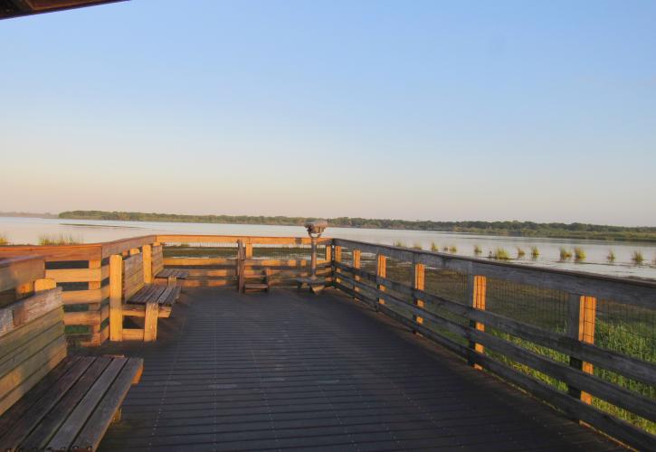 The end of the Birdwalk includes wooden benches, a binocular stand, and a stunning view of the Upper Myakka Lake
